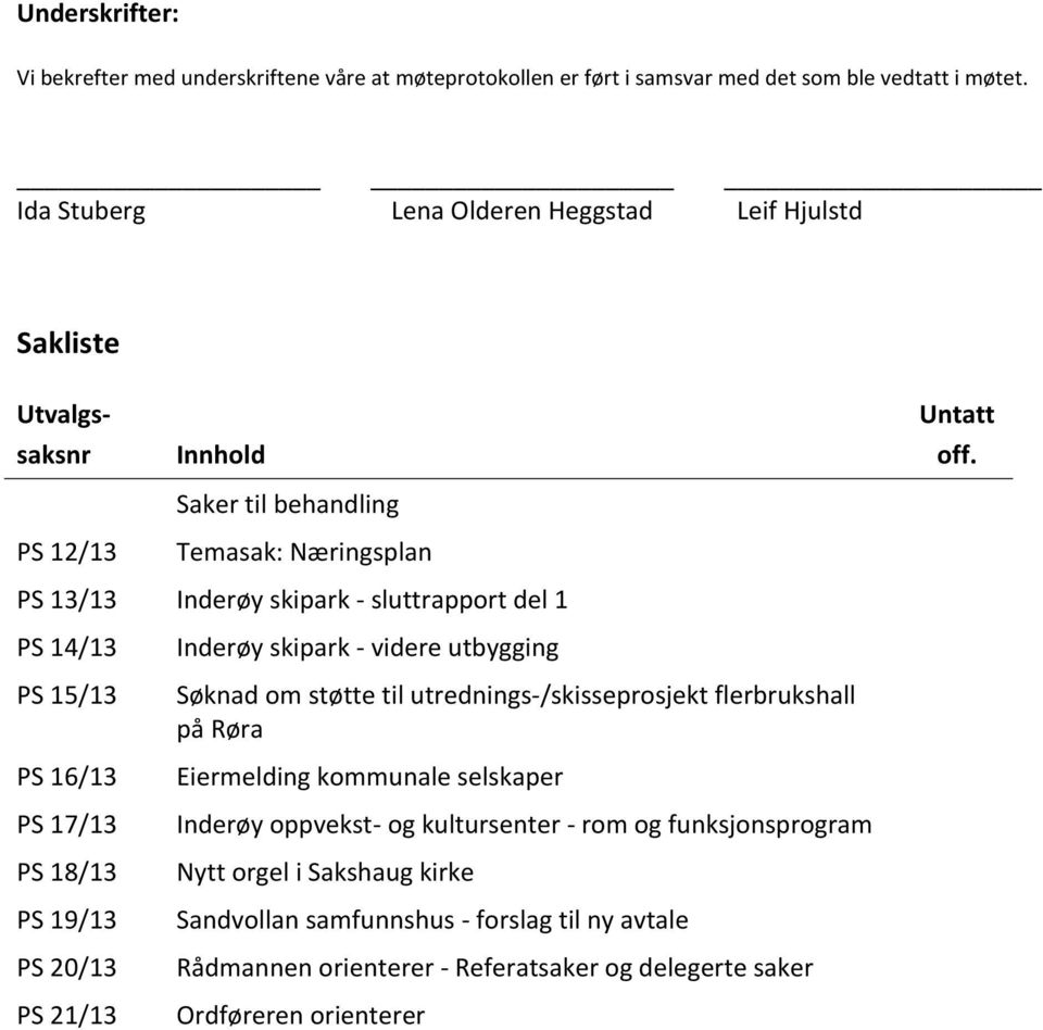 PS 13/13 Inderøy skipark - sluttrapport del 1 PS 14/13 PS 15/13 PS 16/13 PS 17/13 PS 18/13 PS 19/13 PS 20/13 PS 21/13 Inderøy skipark - videre utbygging Søknad om støtte til