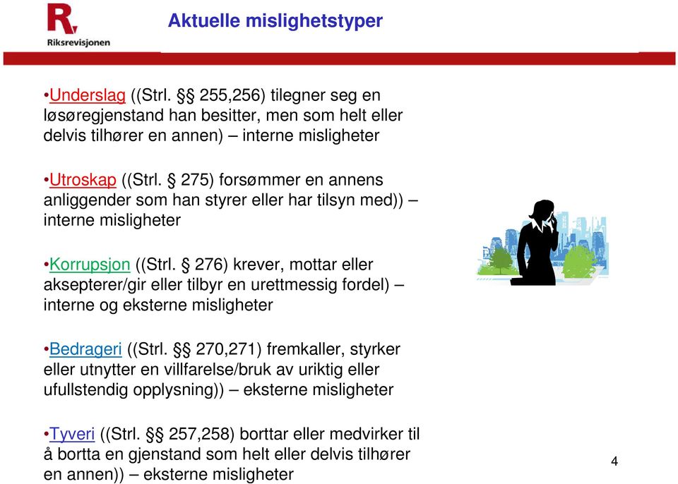 275) forsømmer en annens anliggender som han styrer eller har tilsyn med)) interne misligheter Korrupsjon ((Strl.