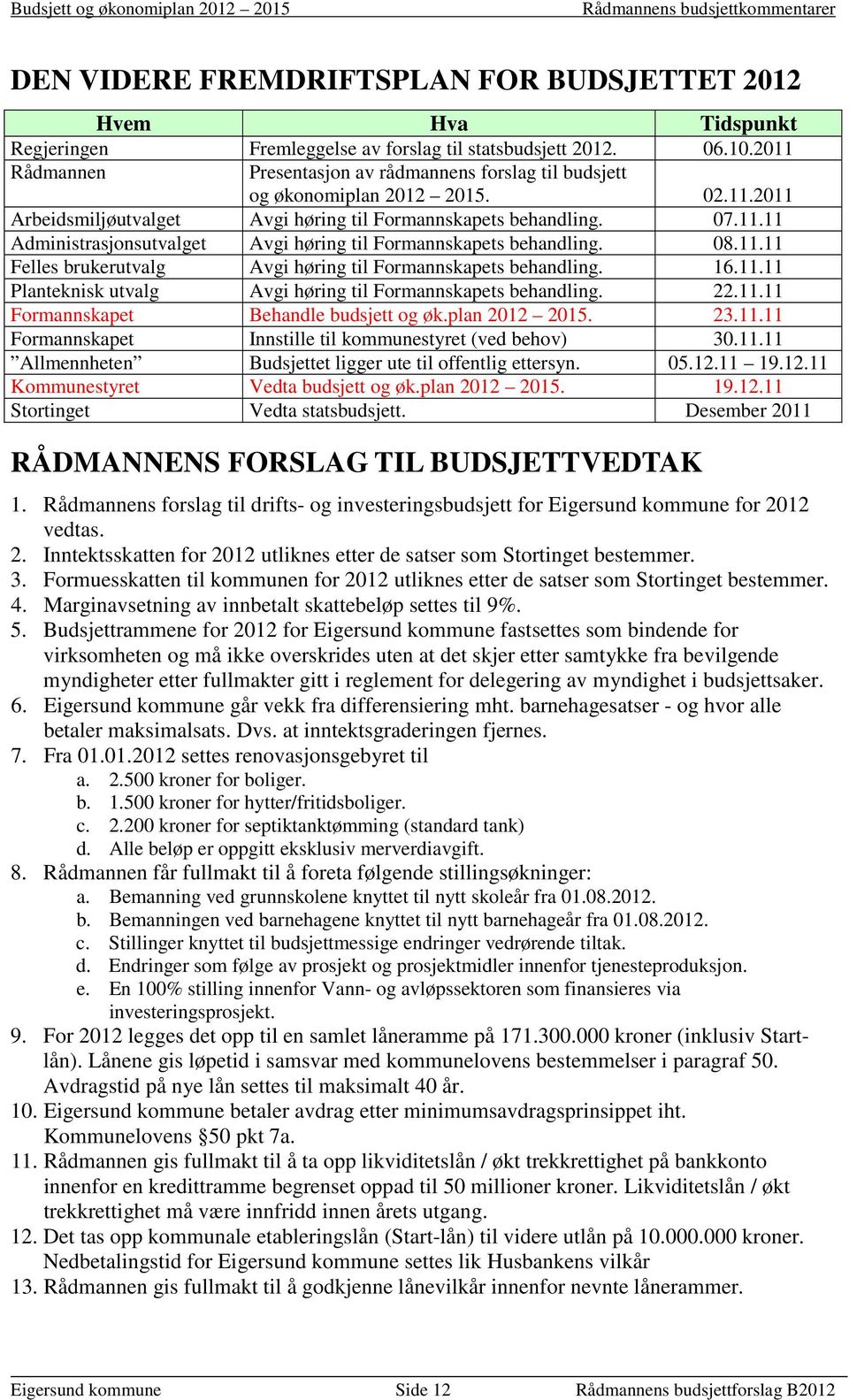 08.11.11 Felles brukerutvalg Avgi høring til Formannskapets behandling. 16.11.11 Planteknisk utvalg Avgi høring til Formannskapets behandling. 22.11.11 Formannskapet Behandle budsjett og øk.