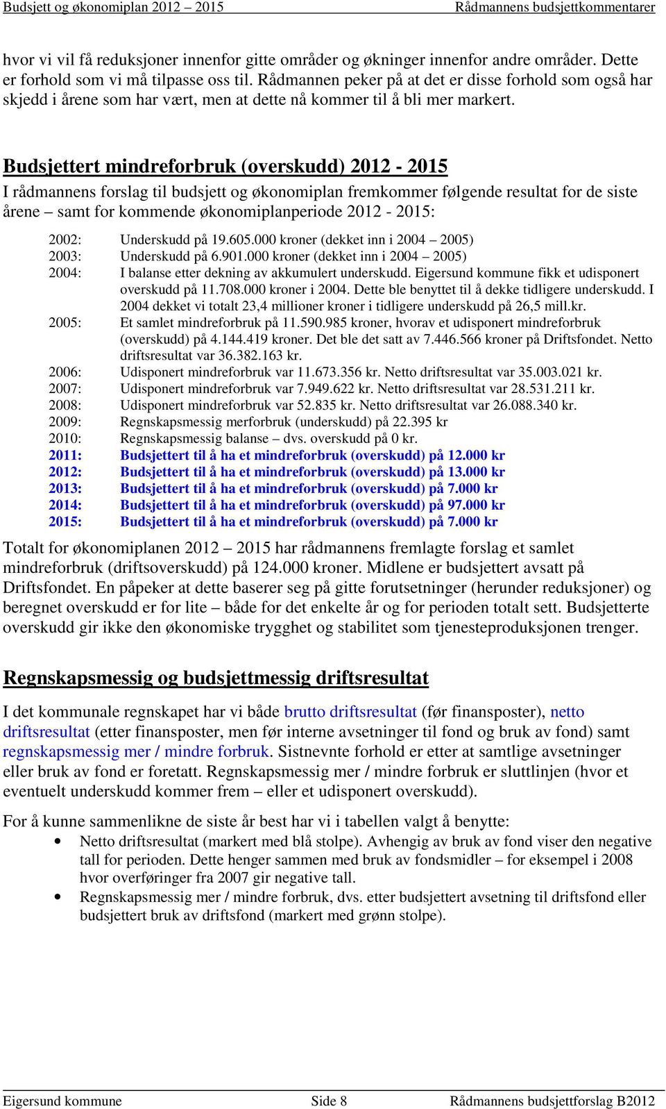 Budsjettert mindreforbruk (overskudd) 2012-2015 I rådmannens forslag til budsjett og økonomiplan fremkommer følgende resultat for de siste årene samt for kommende økonomiplanperiode 2012-2015: 2002: