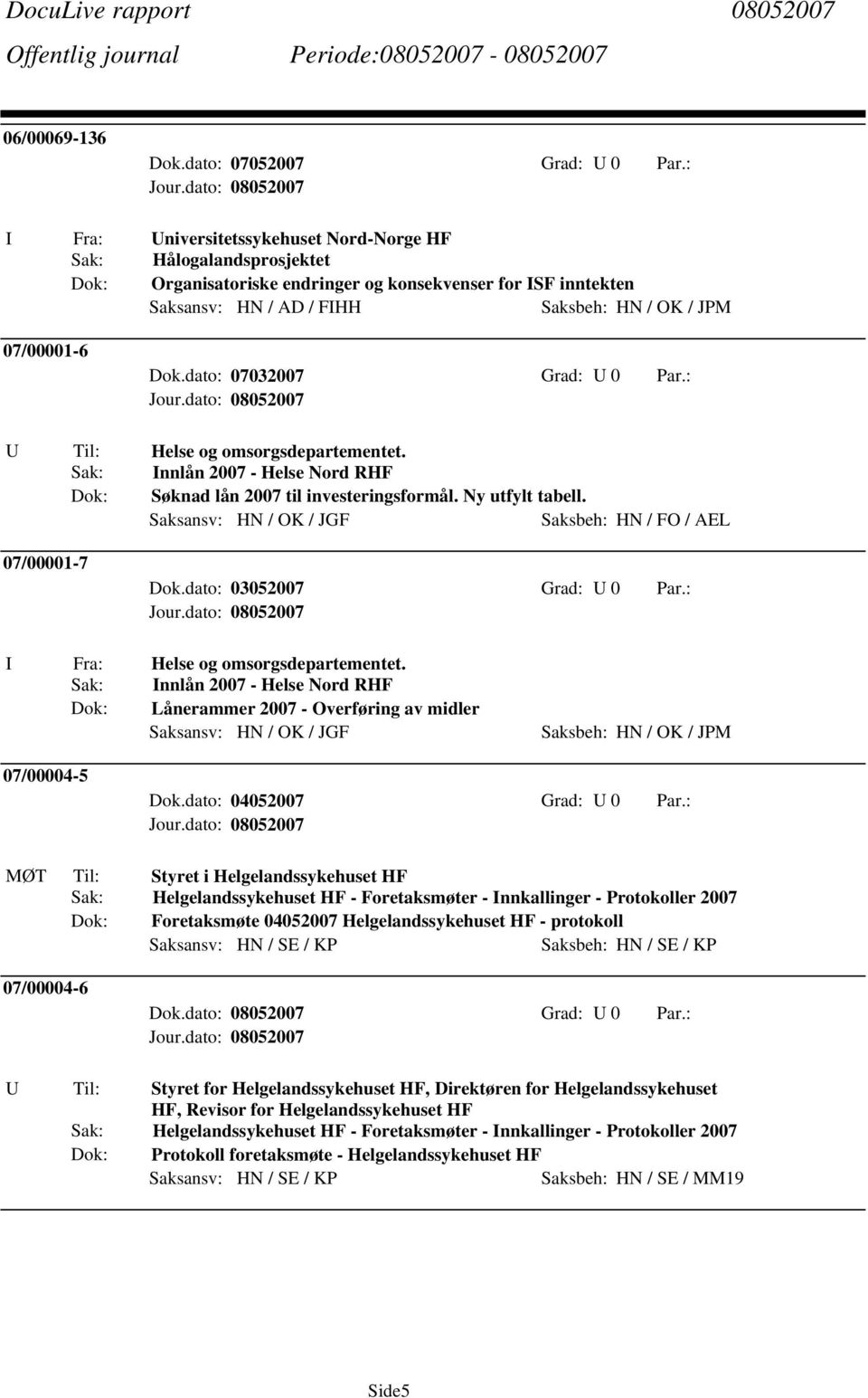 Saksansv: HN / OK / JGF Saksbeh: HN / FO / AEL 07/00001-7 Dok.dato: 03052007 Grad: U 0 Par.: Helse og omsorgsdepartementet.