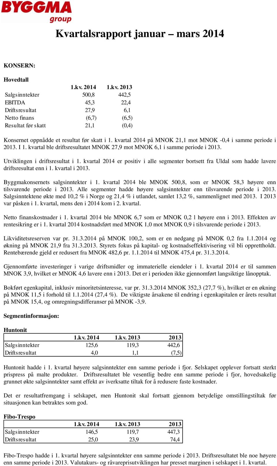 kvartal 2014 på MNOK 21,1 mot MNOK -0,4 i samme periode i 2013. I 1. kvartal ble driftsresultatet MNOK 27,9 mot MNOK 6,1 i samme periode i 2013. Utviklingen i driftsresultat i 1.