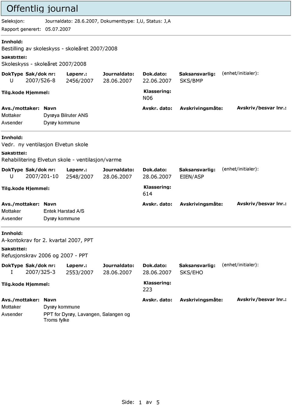 06.2007 SKS/BMP N06 Mottaker Dyrøya Bilruter ANS nnhold: Vedr.