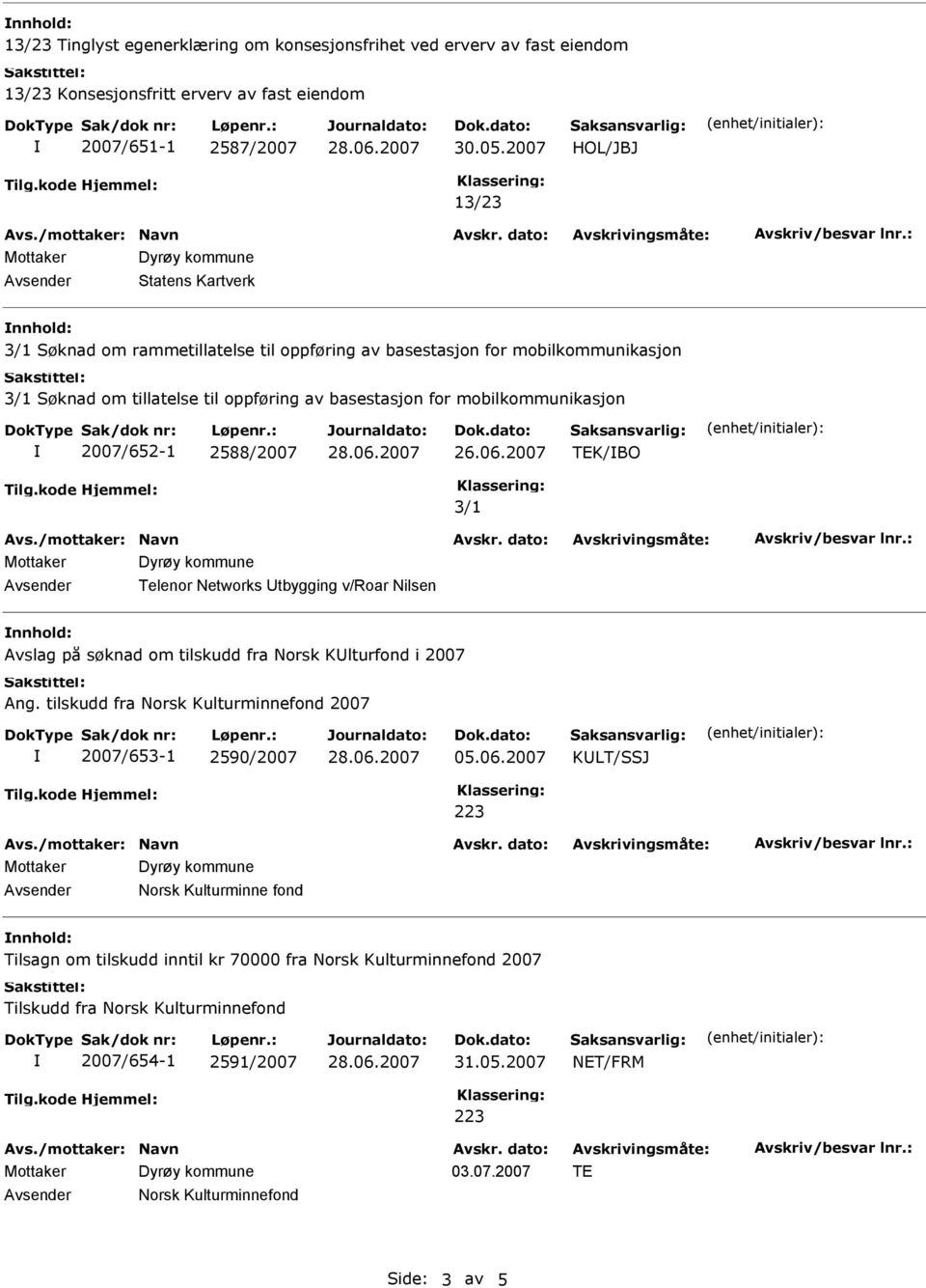 mobilkommunikasjon 2007/652-1 2588/2007 26.06.2007 TEK/BO 3/1 Avsender Telenor Networks tbygging v/roar Nilsen nnhold: Avslag på søknad om tilskudd fra Norsk Klturfond i 2007 Ang.