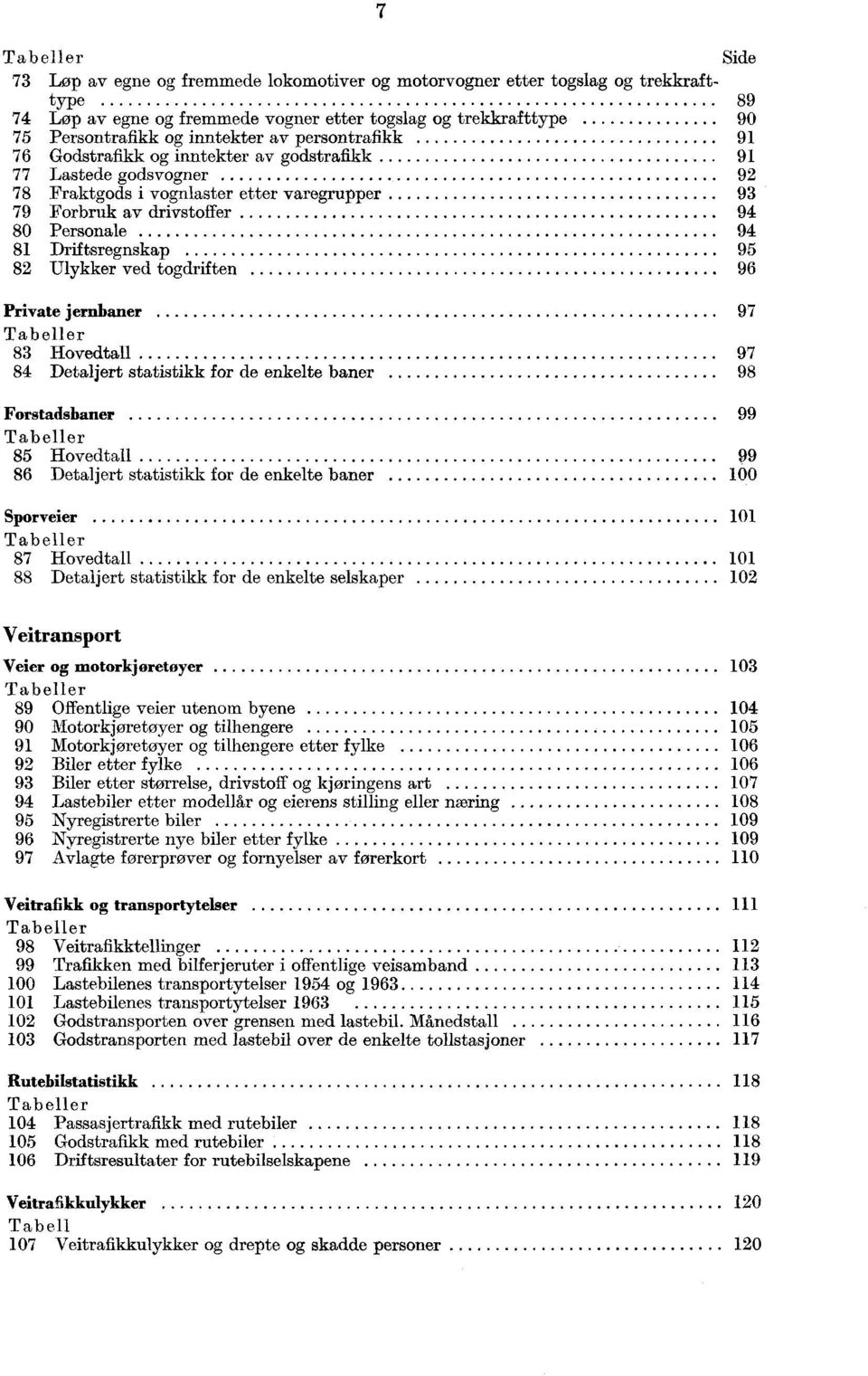 Driftsregnskap 95 82 Ulykker ved togdriften 96 Private jernbaner 97 Tabeller 83 Hovedtall 97 84 Detaljert statistikk for de enkelte baner 98 Forstadsbaner 99 Tabeller 85 Hovedtall 99 86 Detaljert