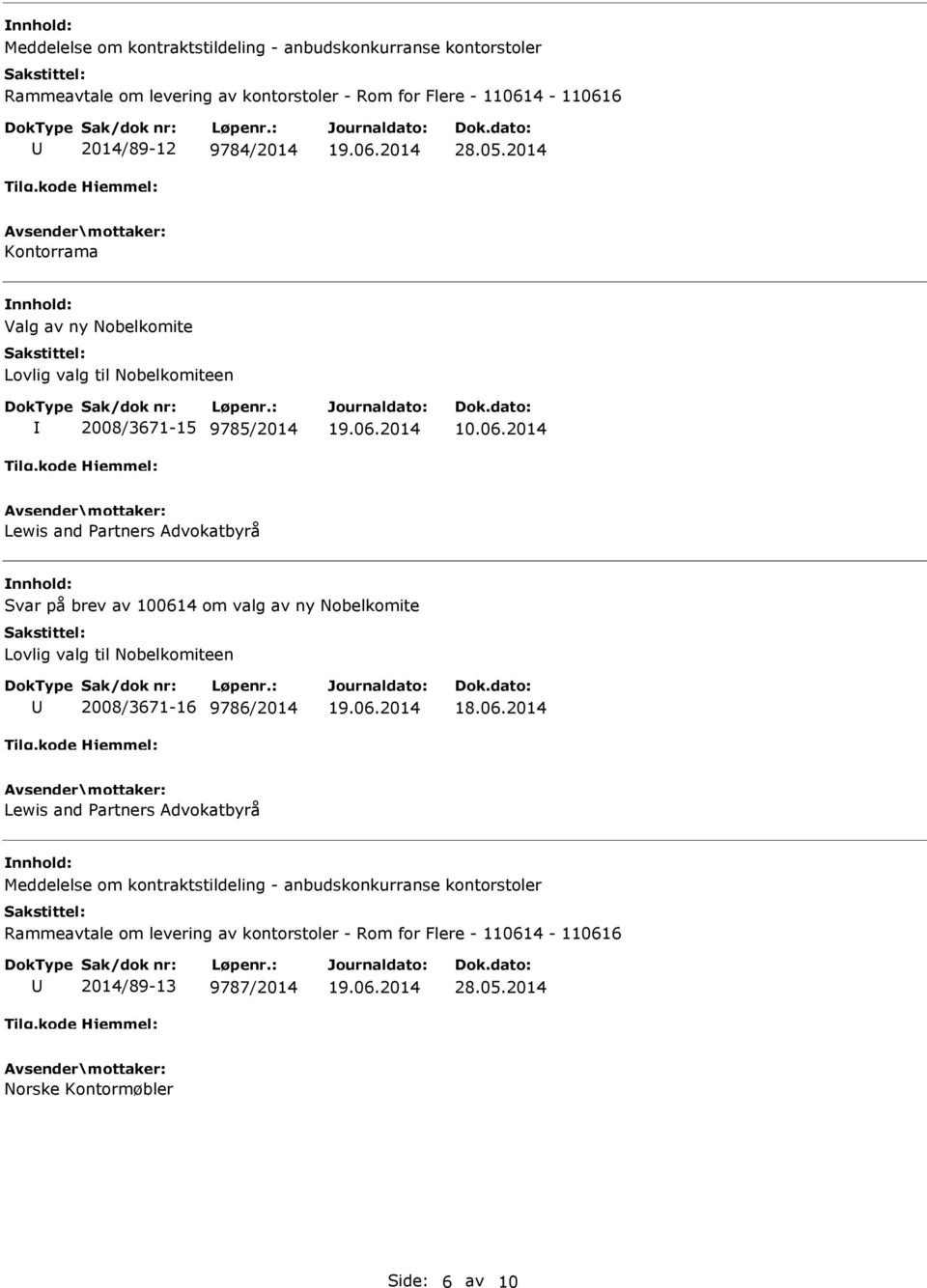 2014 Lewis and Partners Advokatbyrå Svar på brev av 100614 om valg av ny Nobelkomite