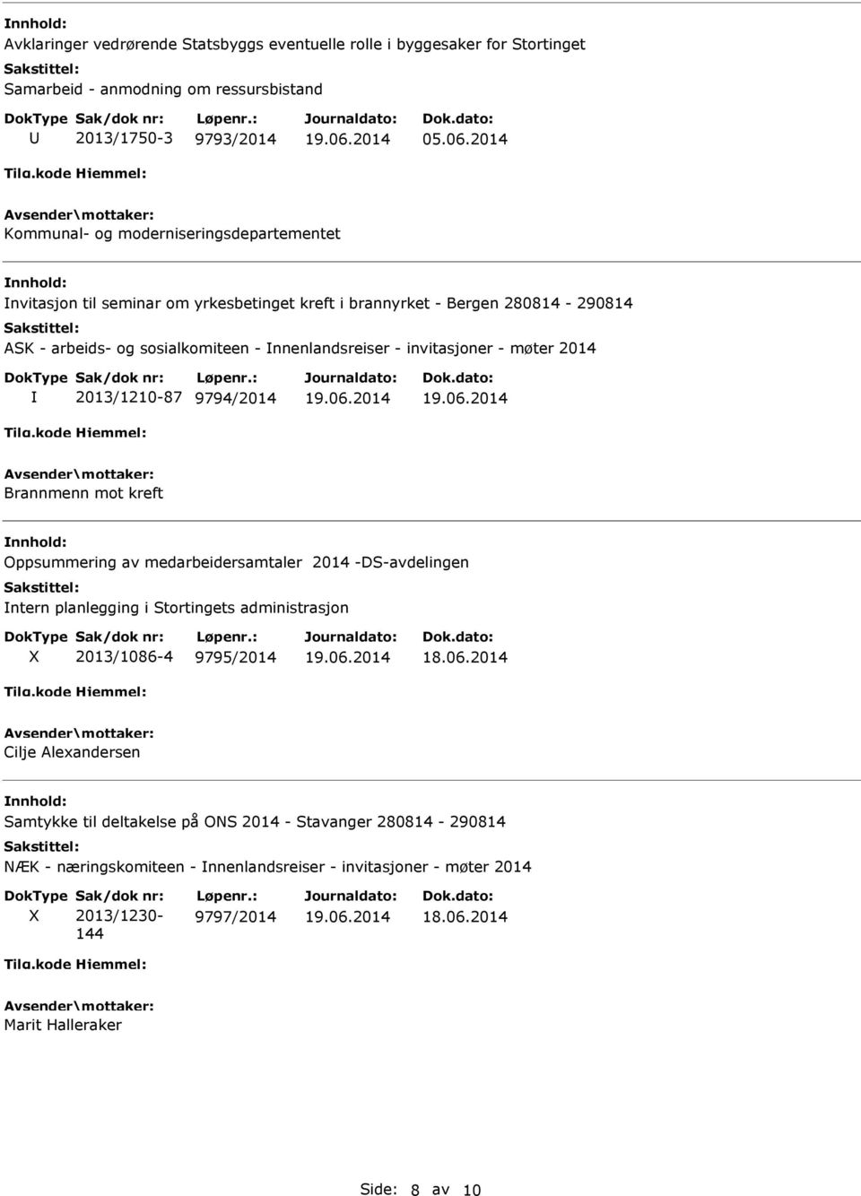 invitasjoner - møter 2014 2013/1210-87 9794/2014 Brannmenn mot kreft Oppsummering av medarbeidersamtaler 2014 -DS-avdelingen ntern planlegging i Stortingets administrasjon