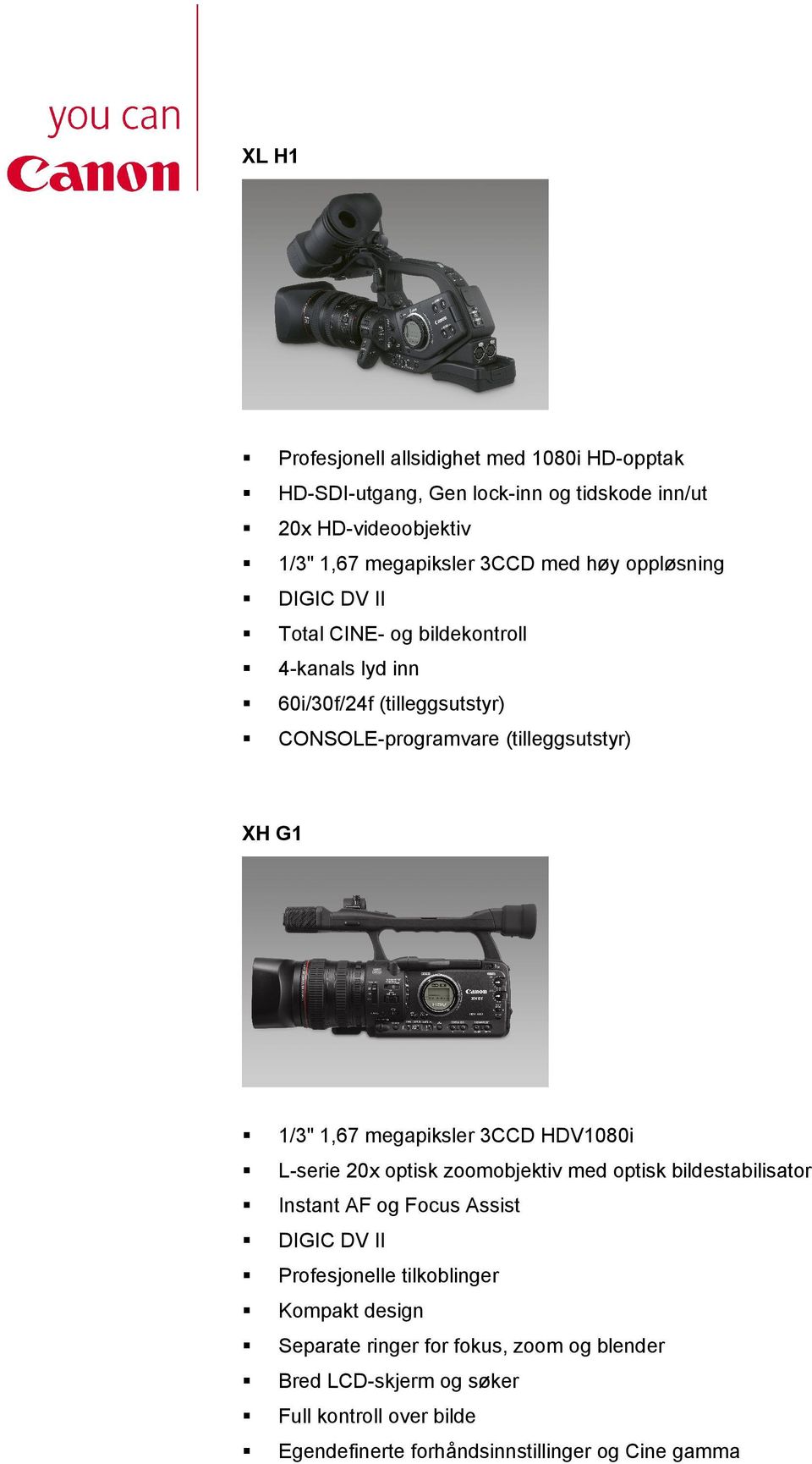 megapiksler 3CCD HDV1080i L-serie 20x optisk zoomobjektiv med optisk bildestabilisator Instant AF og Focus Assist DIGIC DV II Profesjonelle tilkoblinger
