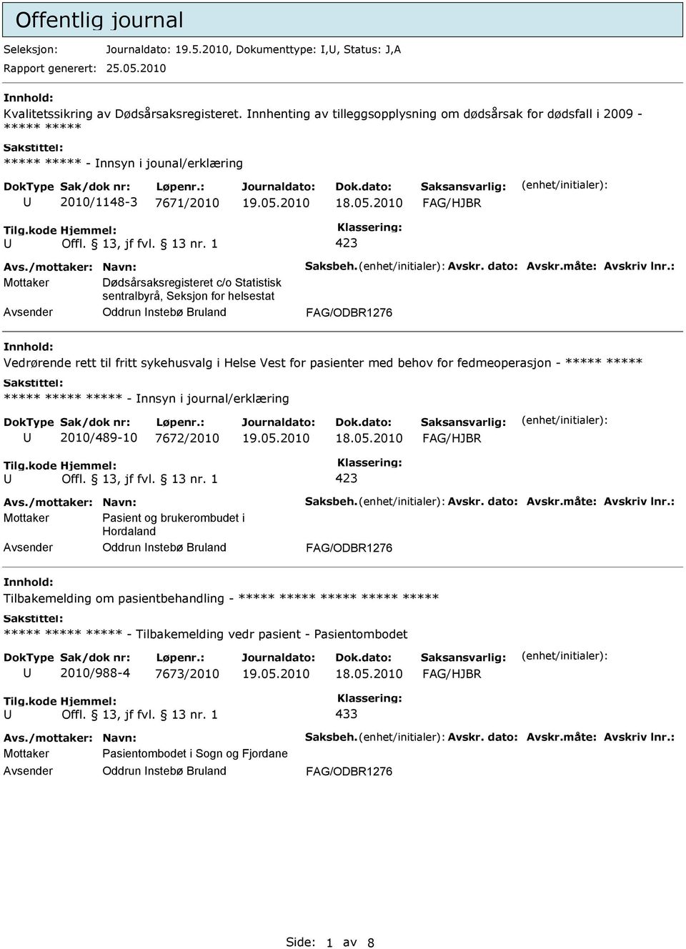 Seksjon for helsestat Oddrun nstebø Bruland Vedrørende rett til fritt sykehusvalg i Helse Vest for pasienter med behov for fedmeoperasjon - ***** ***** ***** ***** ***** - nnsyn i journal/erklæring