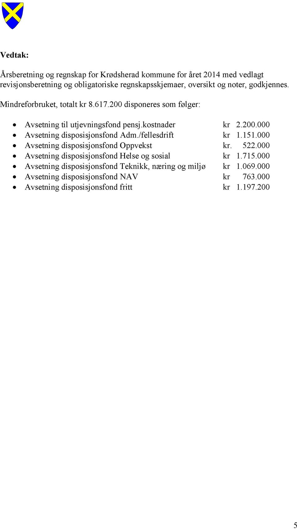 /fellesdrift kr 1.151.000 Avsetning disposisjonsfond Oppvekst kr. 522.000 Avsetning disposisjonsfond Helse og sosial kr 1.715.