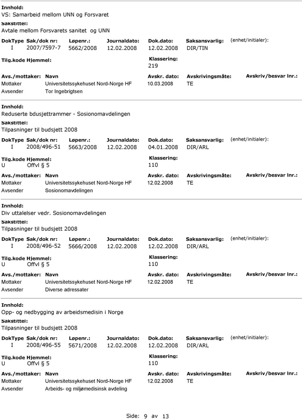 2008 DR/ARL Mottaker niversitetssykehuset Nord-Norge HF TE Sosionomavdelingen nnhold: Div uttalelser vedr.