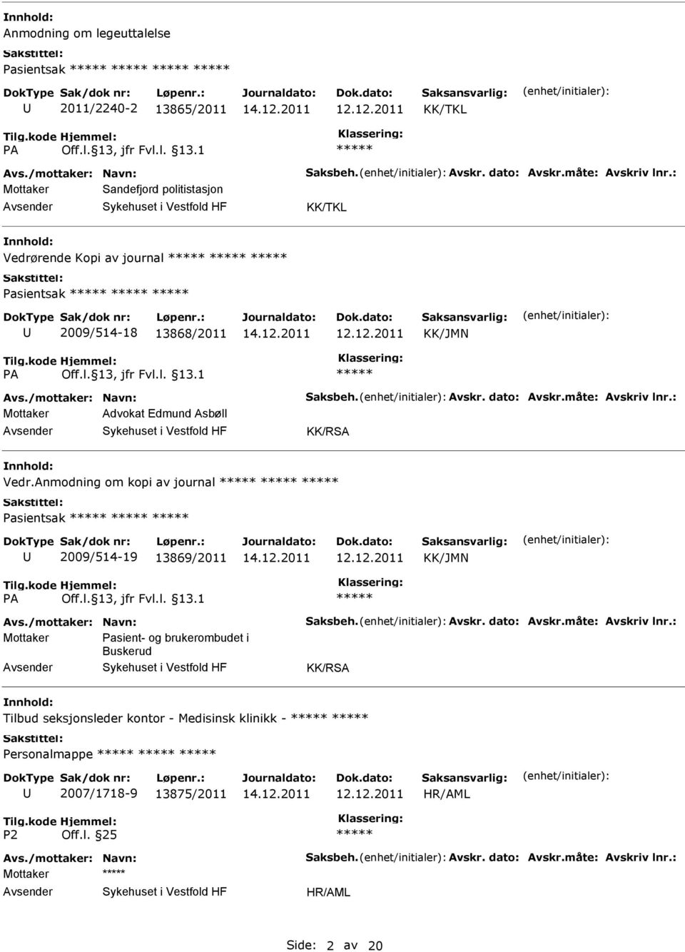 Anmodning om kopi av journal Pasientsak 2009/514-19 13869/2011 KK/JMN Mottaker Pasient- og brukerombudet i