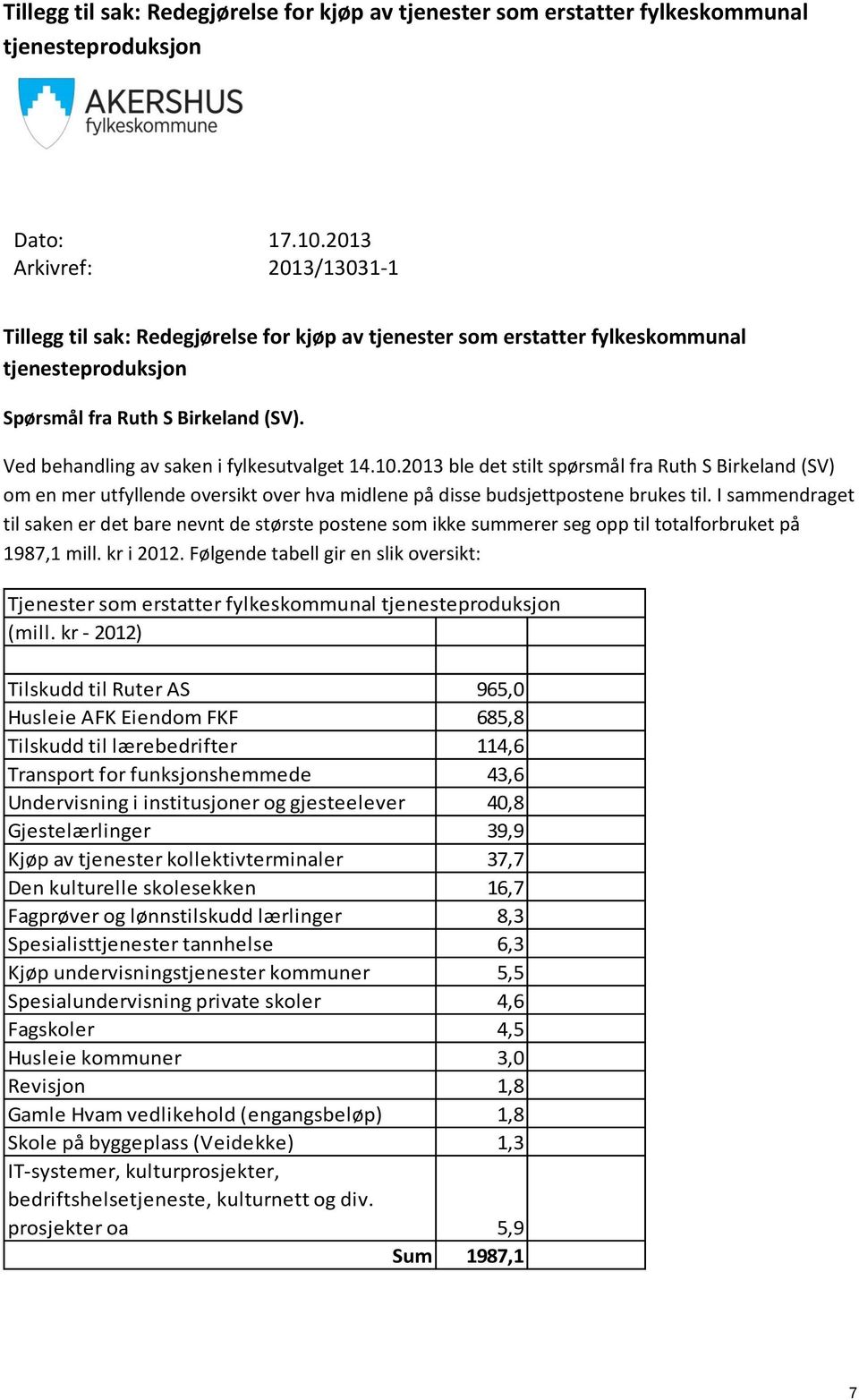 10.2013 ble det stilt spørsmål fra Ruth S Birkeland (SV) om en mer utfyllende oversikt over hva midlene på disse budsjettpostene brukes til.