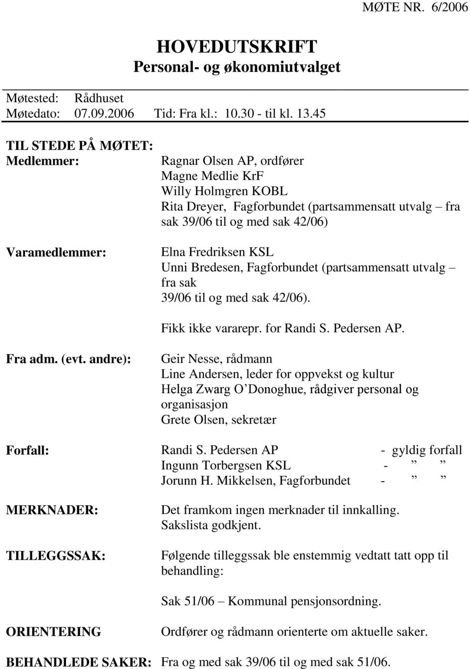 Elna Fredriksen KSL Unni Bredesen, Fagforbundet (partsammensatt utvalg fra sak 39/06 til og med sak 42/06). Fikk ikke vararepr. for Randi S. Pedersen AP. Fra adm. (evt.