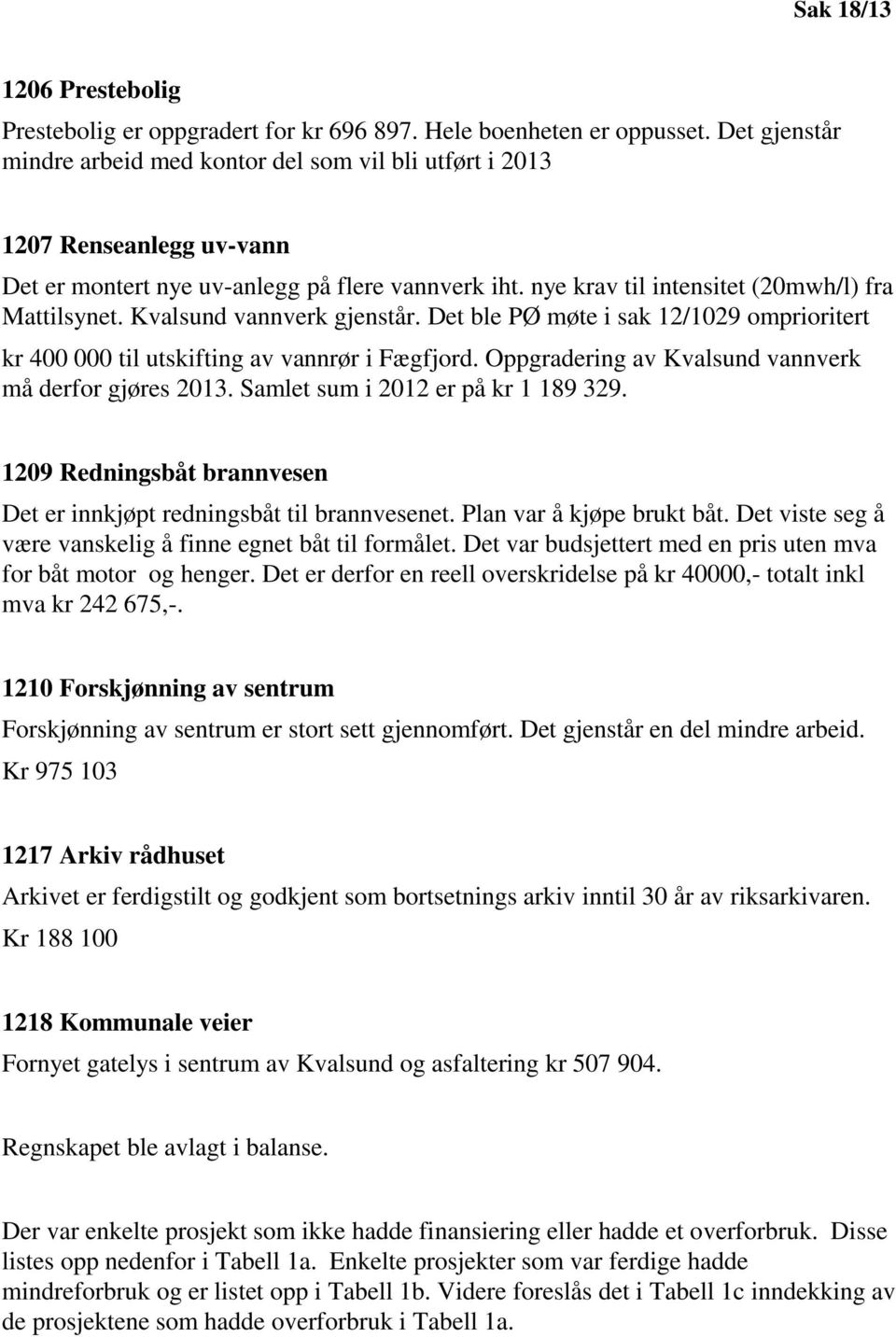 Kvalsund vannverk gjenstår. Det ble PØ møte i sak 12/1029 omprioritert kr 400 000 til utskifting av vannrør i Fægfjord. Oppgradering av Kvalsund vannverk må derfor gjøres 2013.