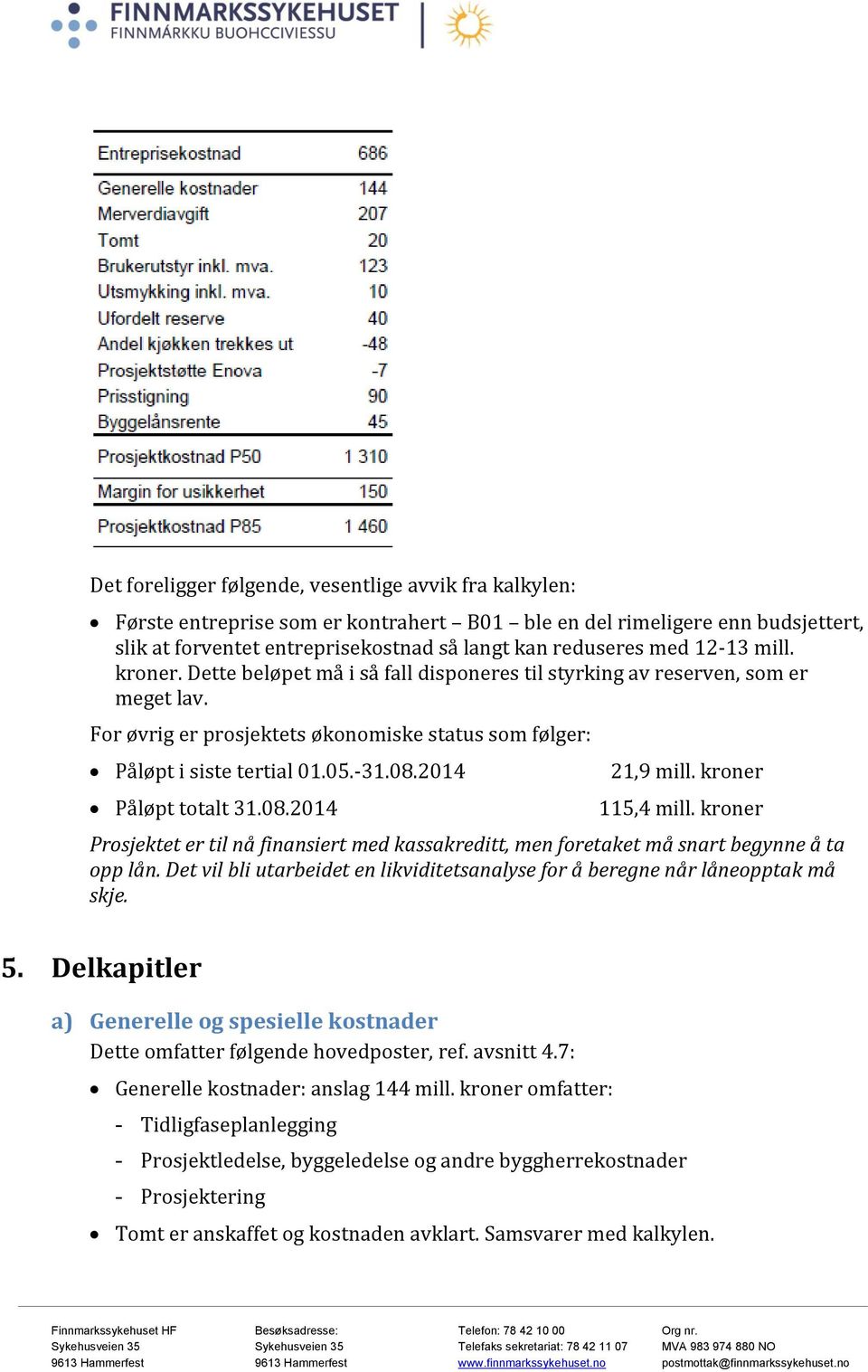 2014 Påløpt totalt 31.08.2014 21,9 mill. kroner 115,4 mill. kroner Prosjektet er til nå finansiert med kassakreditt, men foretaket må snart begynne å ta opp lån.