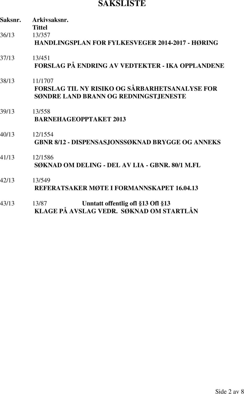 11/1707 FORSLAG TIL NY RISIKO OG SÅRBARHETSANALYSE FOR SØNDRE LAND BRANN OG REDNINGSTJENESTE 39/13 13/558 BARNEHAGEOPPTAKET 2013 40/13 12/1554