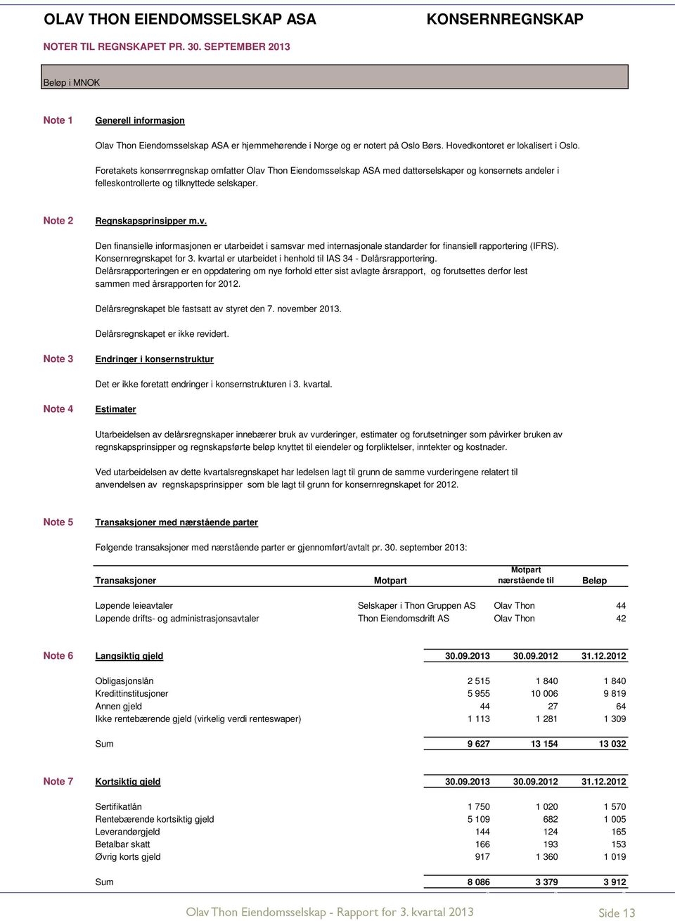 Foretakets konsernregnskap omfatter Olav Thon Eiendomsselskap ASA med datterselskaper og konsernets andeler i felleskontrollerte og tilknyttede selskaper. Note 2 Regnskapsprinsipper m.v. Den finansielle informasjonen er utarbeidet i samsvar med internasjonale standarder for finansiell rapportering (IFRS).