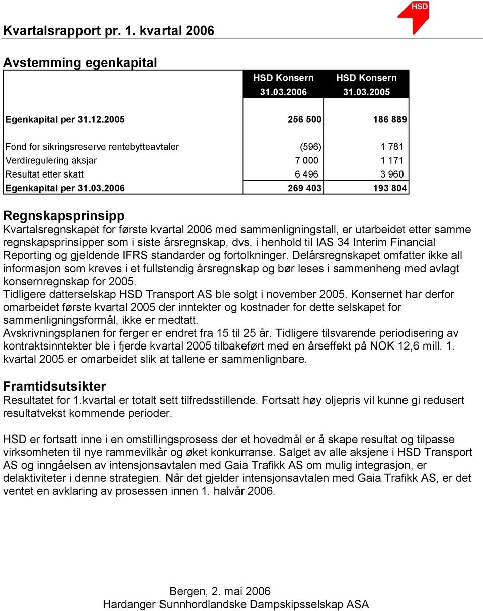 2006 269 403 193 804 Regnskapsprinsipp Kvartalsregnskapet for første kvartal 2006 med sammenligningstall, er utarbeidet etter samme regnskapsprinsipper som i siste årsregnskap, dvs.