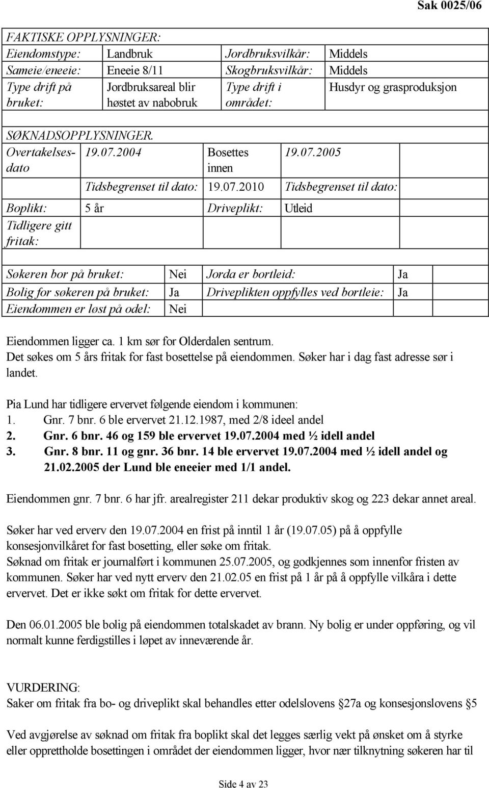 2004 Bosettes innen Type drift i området: Tidsbegrenset til dato: 19.07.