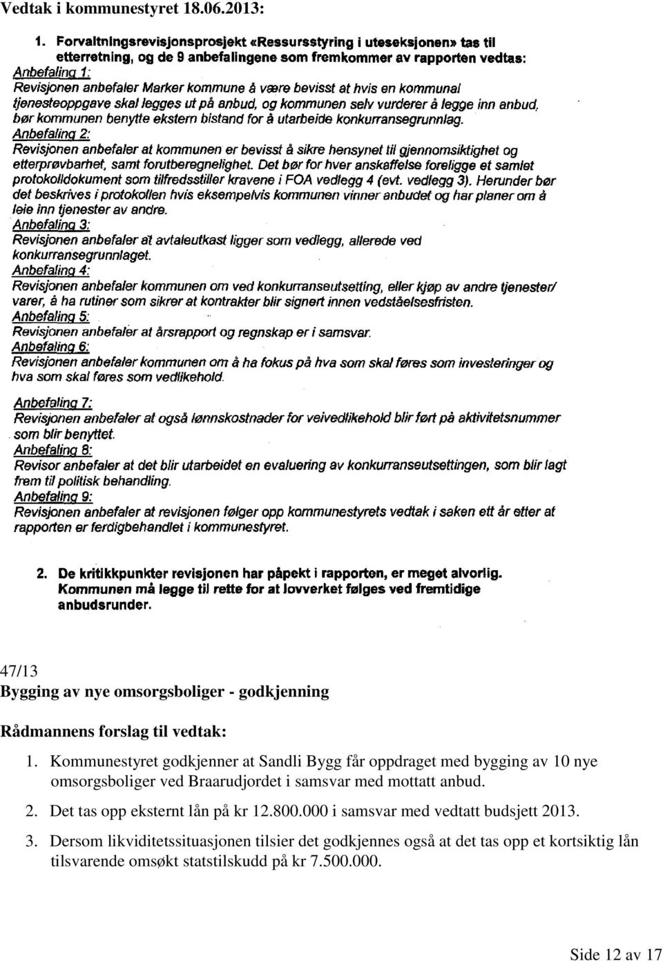 mottatt anbud. 2. Det tas opp eksternt lån på kr 12.800.000 i samsvar med vedtatt budsjett 2013. 3.