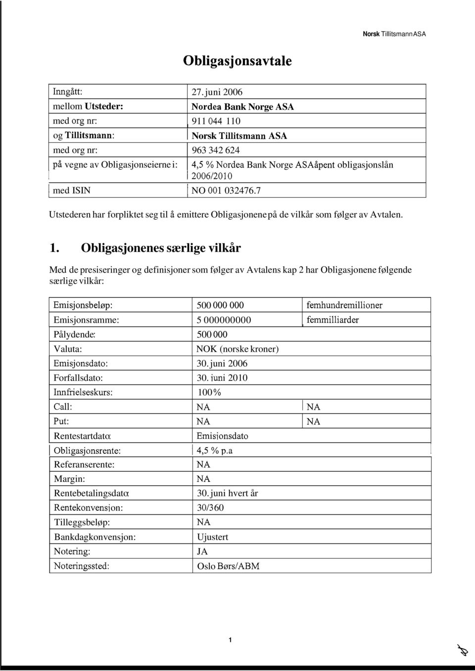 7 4,5 % Nordea Bank Norge ASAåpent obligasjonslån Utstederen har forpliktet seg til å emittere Obligasjonene på de vilkår som følger av Avtalen. 1.