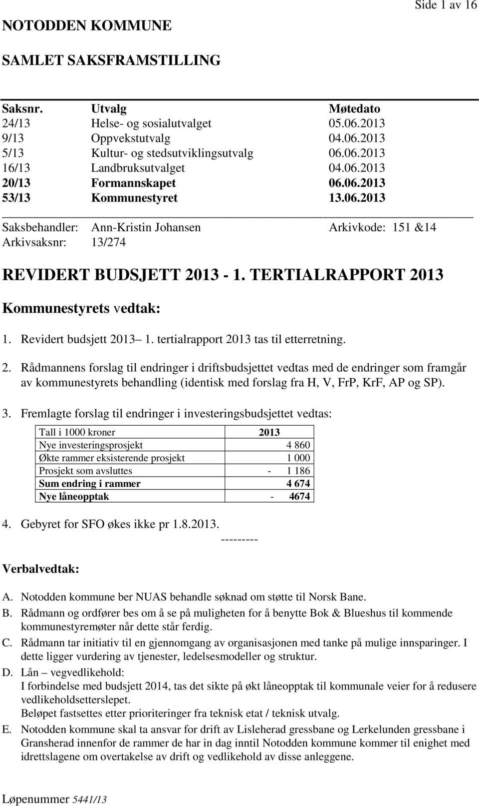 TERTIALRAPPORT 2013 Kommunestyrets vedtak: 1. Revidert budsjett 2013 1. tertialrapport 2013 tas til etterretning. 2. Rådmannens forslag til endringer i driftsbudsjettet vedtas med de endringer som framgår av kommunestyrets behandling (identisk med forslag fra H, V, FrP, KrF, AP og SP).