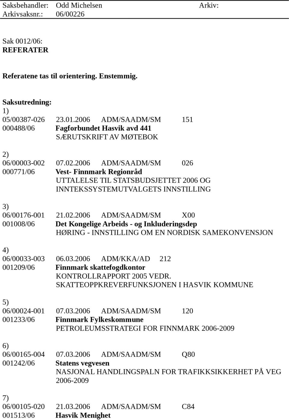 03.2006 ADM/KKA/AD 212 001209/06 Finnmark skattefogdkontor KONTROLLRAPPORT 2005 VEDR. SKATTEOPPKREVERFUNKSJONEN I HASVIK KOMMUNE 5) 06/00024-001 07.03.2006 ADM/SAADM/SM 120 001233/06 Finnmark Fylkeskommune PETROLEUMSSTRATEGI FOR FINNMARK 2006-2009 6) 06/00165-004 07.