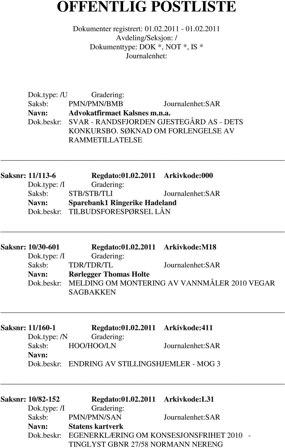 2011 Arkivkode:M18 Saksb: TDR/TDR/TL SAR Rørlegger Thomas Holte Dok.beskr: MELDING OM MONTERING AV VANNMÅLER 2010 VEGAR SAGBAKKEN Saksnr: 11/160-1 Regdato:01.02.2011 Arkivkode:411 Dok.