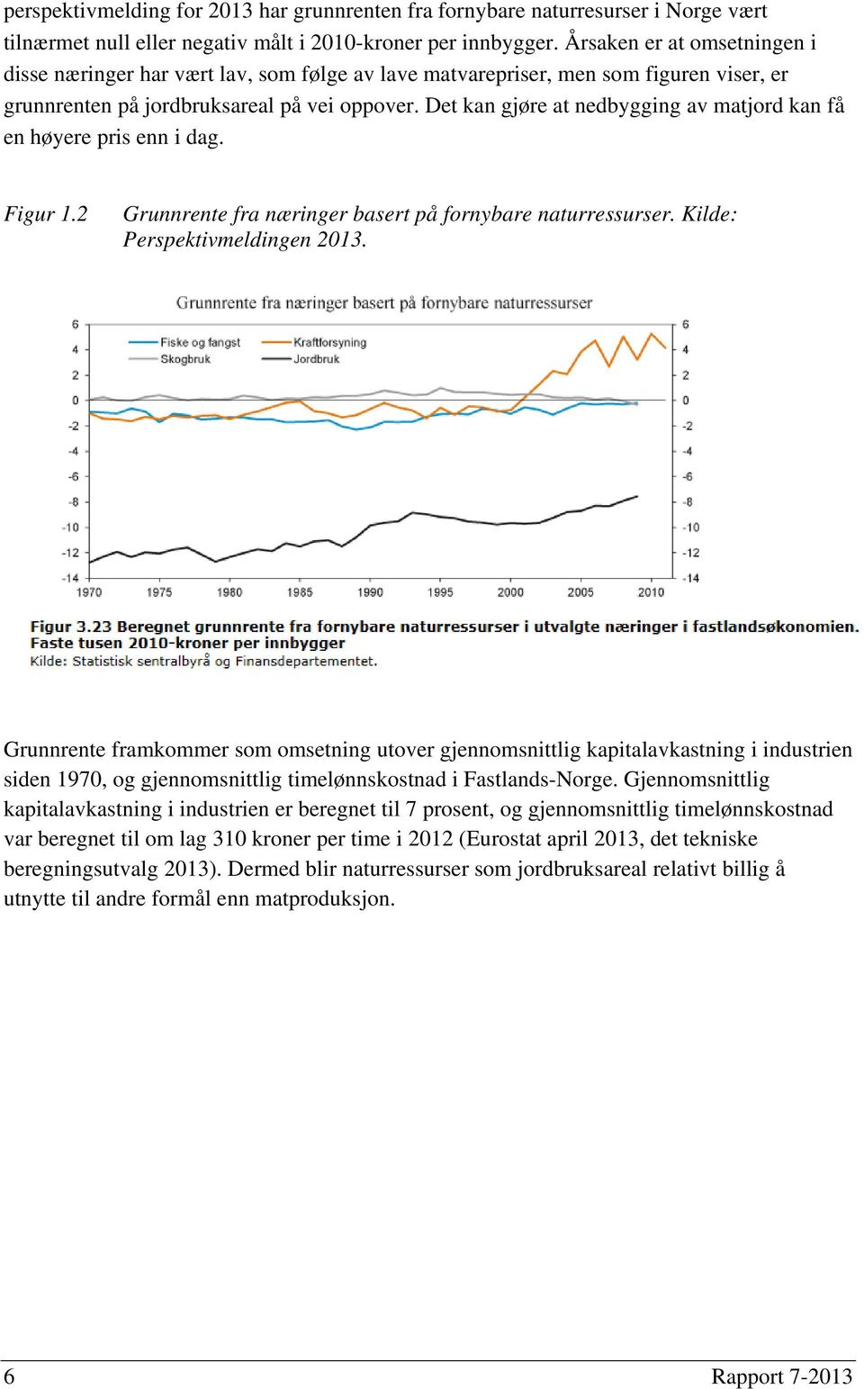 Det kan gjøre at nedbygging av matjord kan få en høyere pris enn i dag. Figur 1.2 Grunnrente fra næringer basert på fornybare naturressurser. Kilde: Perspektivmeldingen 2013.