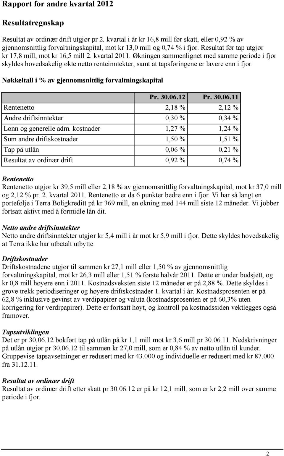 Økningen sammenlignet med samme periode i fjor skyldes hovedsakelig økte netto renteinntekter, samt at tapsføringene er lavere enn i fjor. Nøkkeltall i % av gjennomsnittlig forvaltningskapital Pr. 30.