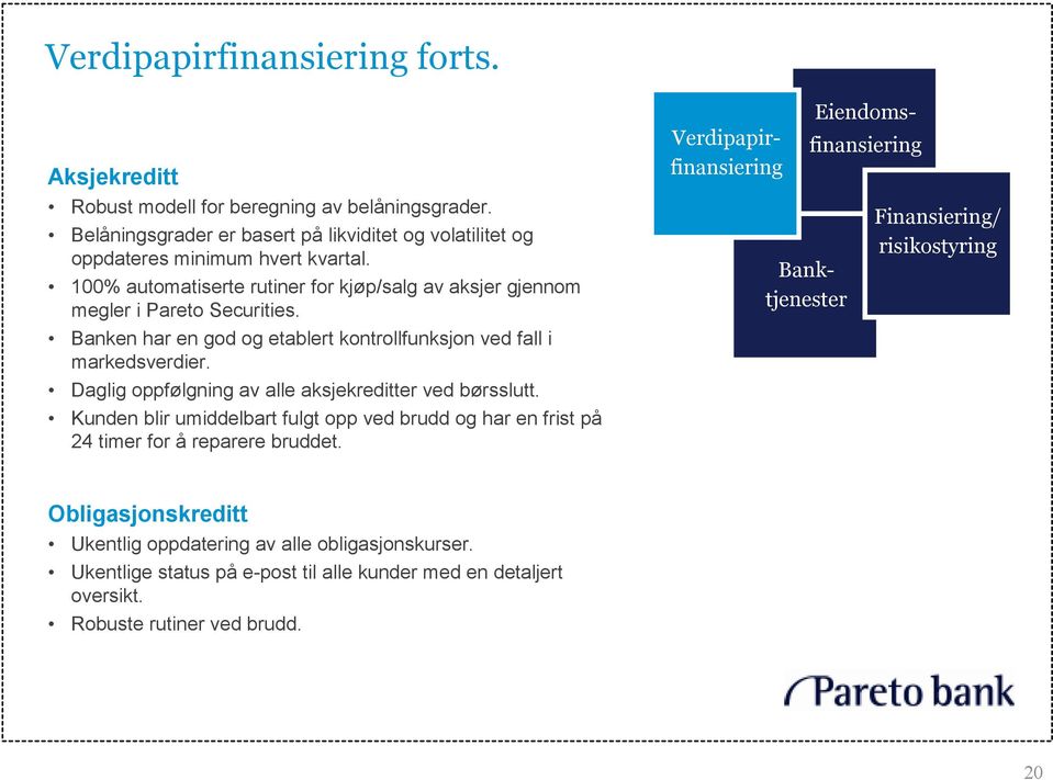 Daglig oppfølgning av alle aksjekreditter ved børsslutt. Kunden blir umiddelbart fulgt opp ved brudd og har en frist på 24 timer for å reparere bruddet.