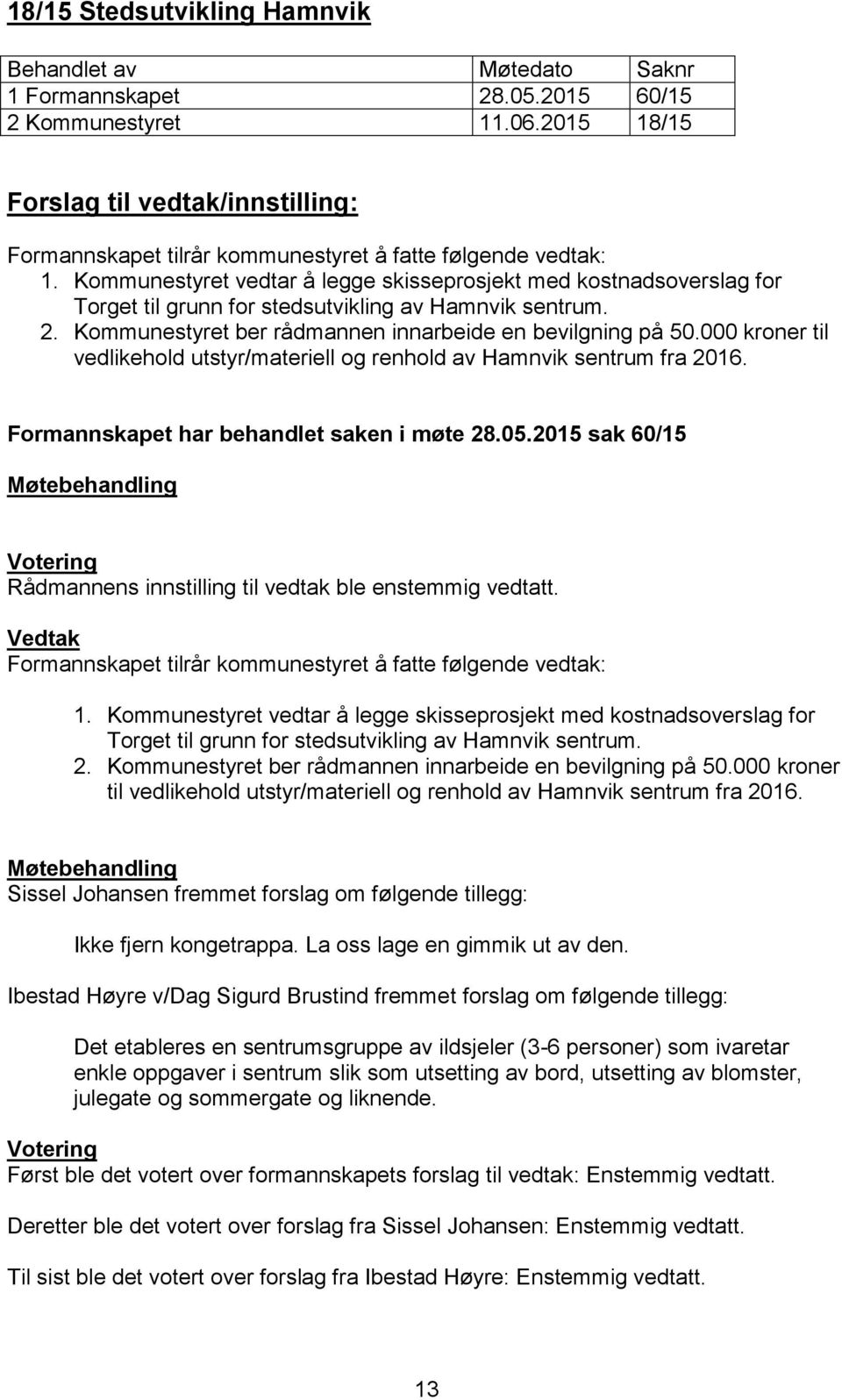 000 kroner til vedlikehold utstyr/materiell og renhold av Hamnvik sentrum fra 2016. Formannskapet har behandlet saken i møte 28.05.
