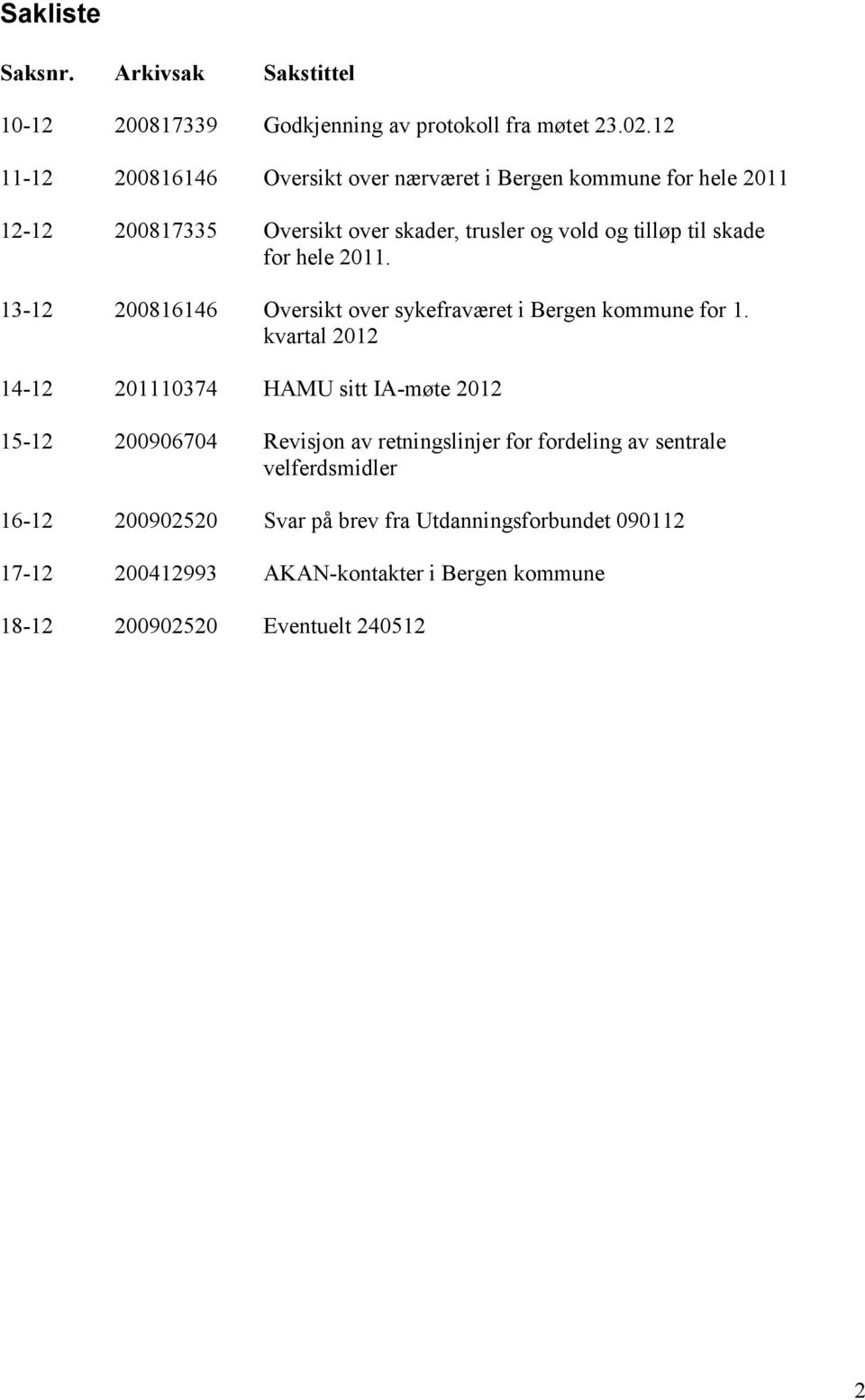 hele 2011. 13-12 200816146 Oversikt over sykefraværet i Bergen kommune for 1.