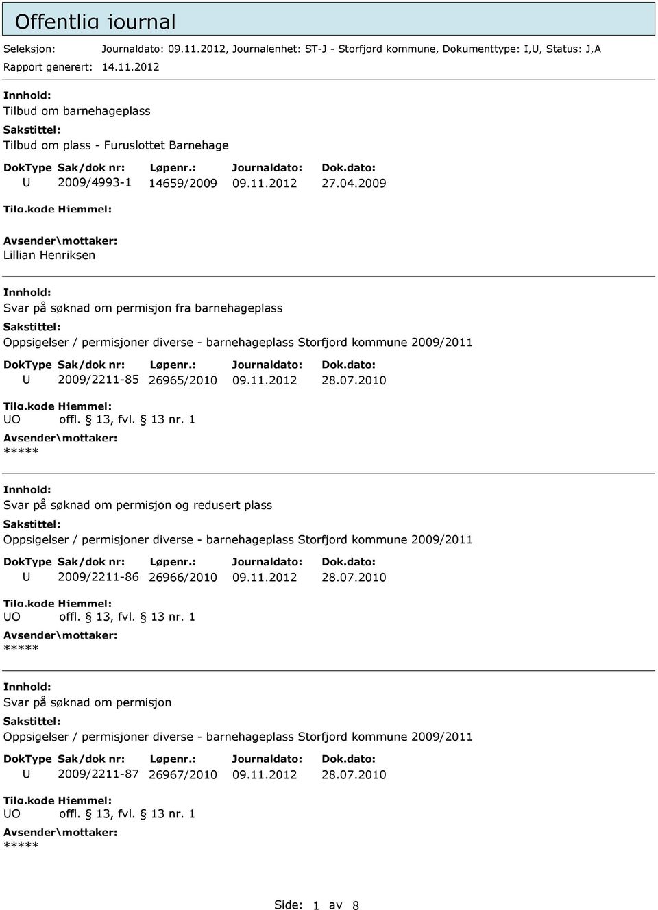 2009 Lillian Henriksen Svar på søknad om permisjon fra barnehageplass Oppsigelser / permisjoner diverse - barnehageplass Storfjord kommune 2009/2011 O 2009/2211-85 26965/2010 28.07.