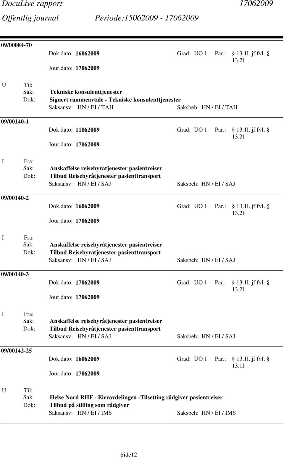 Anskaffelse reisebyråtjenester pasientreiser Tilbud Reisebyråtjenester pasienttransport Saksansv: HN / E / SAJ Saksbeh: HN / E / SAJ 09/00140-2 Dok.dato: 16062009 Grad: O 1 Par.: jf fvl.