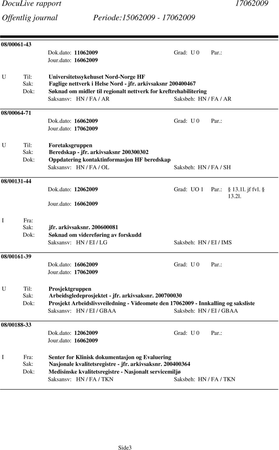 : Foretaksgruppen Beredskap - jfr. arkivsaksnr 200300302 Oppdatering kontaktinformasjon HF beredskap Saksansv: HN / FA / OL Saksbeh: HN / FA / SH 08/00131-44 Dok.dato: 12062009 Grad: O 1 Par.: jf fvl.