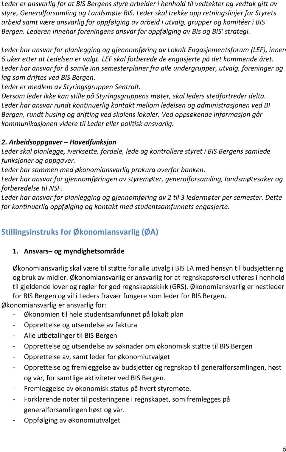 Lederen innehar foreningens ansvar for oppfølging av BIs og BIS' strategi. Leder har ansvar for planlegging og gjennomføring av Lokalt Engasjementsforum (LEF), innen 6 uker etter at Ledelsen er valgt.