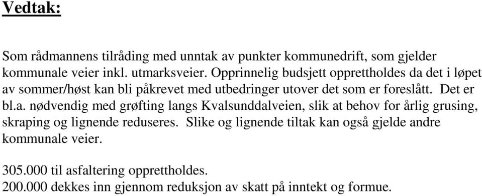 Det er bl.a. nødvendig med grøfting langs Kvalsunddalveien, slik at behov for årlig grusing, skraping og lignende reduseres.