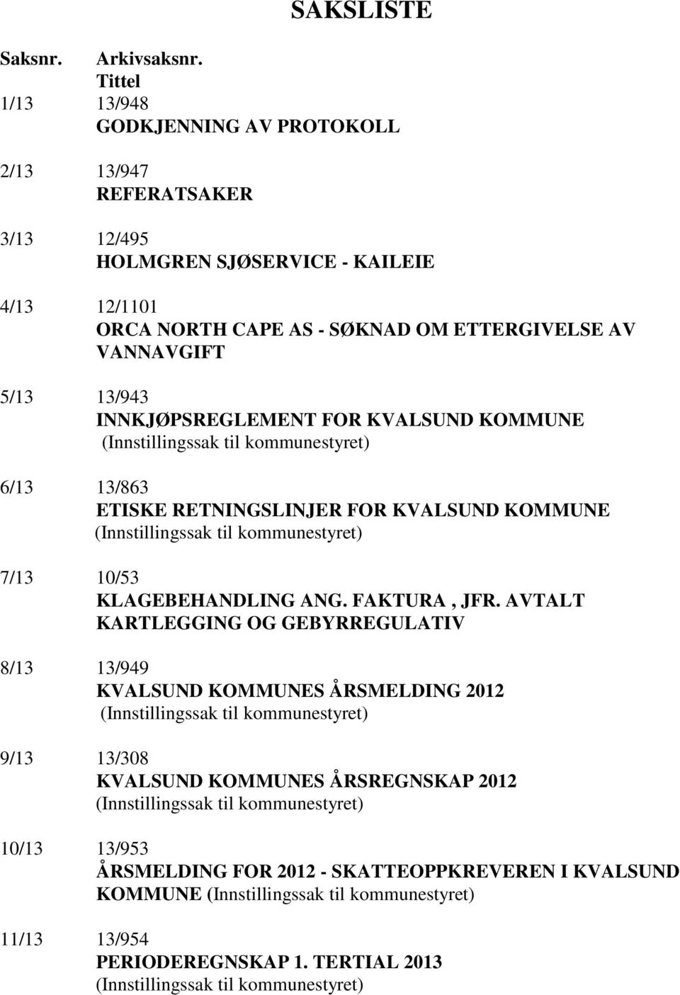 13/943 INNKJØPSREGLEMENT FOR (Innstillingssak til kommunestyret) 6/13 13/863 ETISKE RETNINGSLINJER FOR (Innstillingssak til kommunestyret) 7/13 10/53 KLAGEBEHANDLING ANG. FAKTURA, JFR.