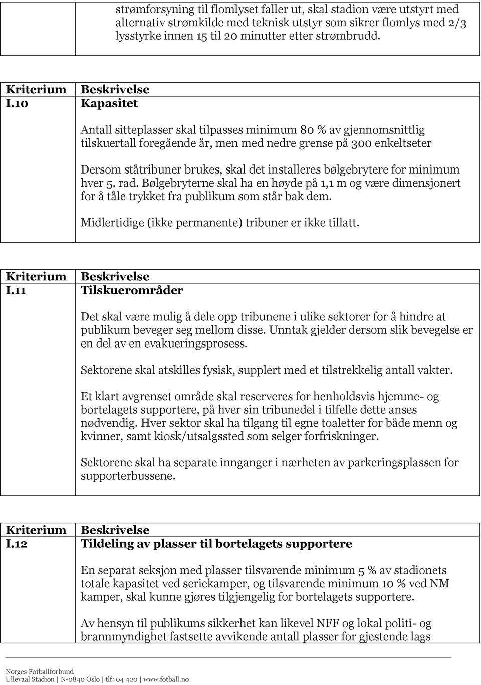 bølgebrytere for minimum hver 5. rad. Bølgebryterne skal ha en høyde på 1,1 m og være dimensjonert for å tåle trykket fra publikum som står bak dem.