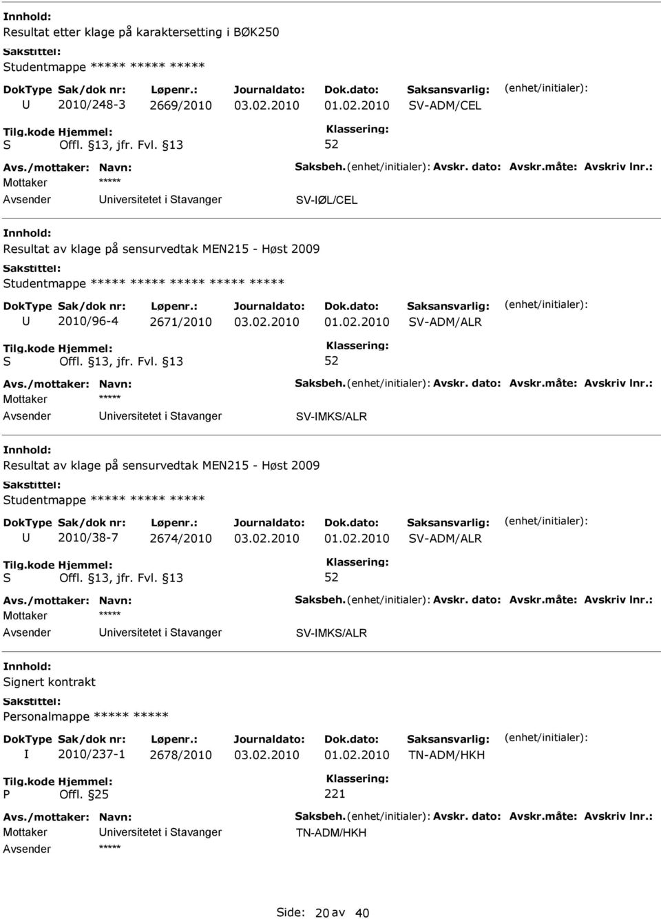 niversitetet i tavanger V-MK/ALR Resultat av klage på sensurvedtak MEN215 - Høst 2009 tudentmappe ***** ***** ***** 2010/38-7 2674/2010