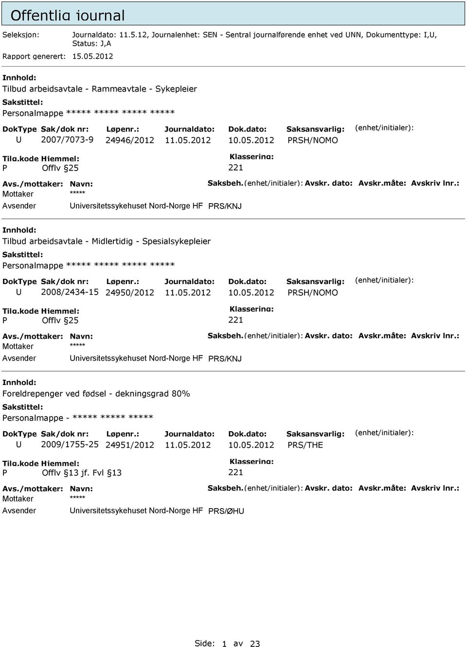 : niversitetssykehuset Nord-Norge HF RS/KNJ Tilbud arbeidsavtale - Midlertidig - Spesialsykepleier ersonalmappe ***** ***** ***** ***** 2008/2434-15 24950/2012 RSH/NOMO Avs./mottaker: Navn: Saksbeh.