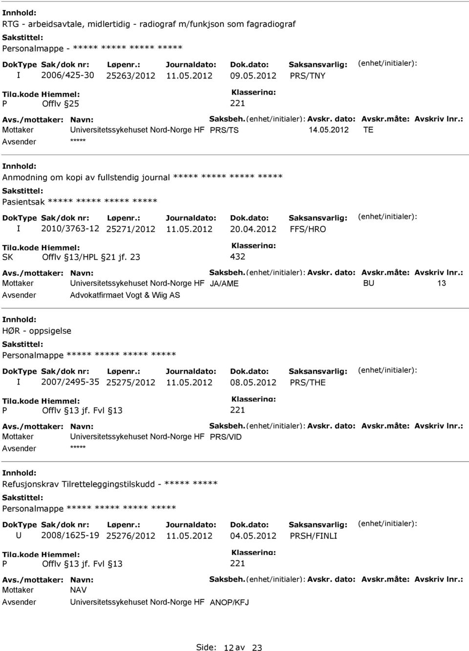 2012 TE ***** Anmodning om kopi av fullstendig journal ***** ***** ***** ***** asientsak ***** ***** ***** ***** 2010/3763-12 25271/2012 20.04.2012 FFS/HRO Offlv 13/HL 21 jf. 23 432 Avs.