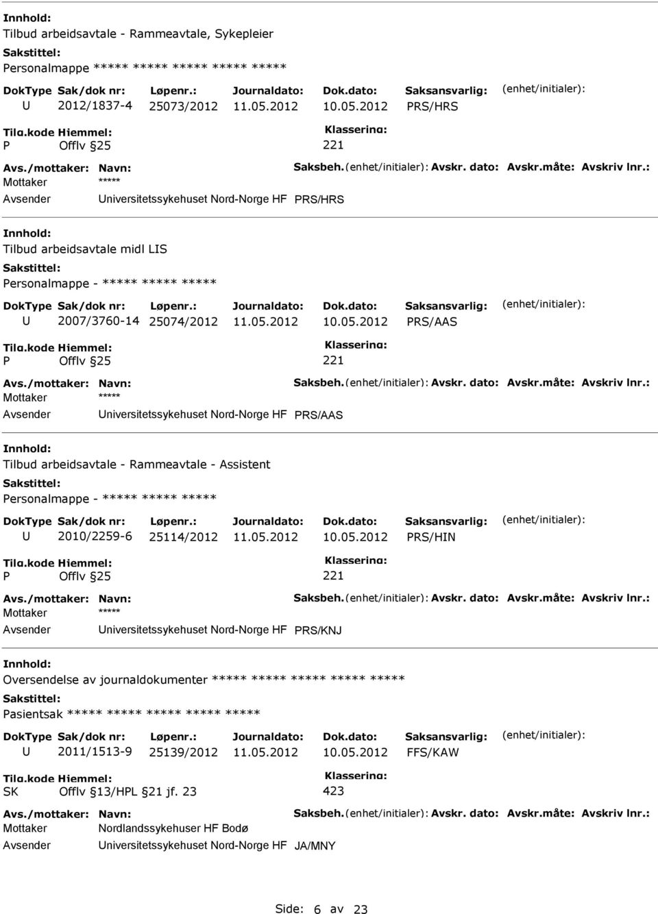 måte: Avskriv lnr.: niversitetssykehuset Nord-Norge HF RS/AAS Tilbud arbeidsavtale - Rammeavtale - Assistent ersonalmappe - ***** ***** ***** 2010/2259-6 25114/2012 RS/HN Avs./mottaker: Navn: Saksbeh.