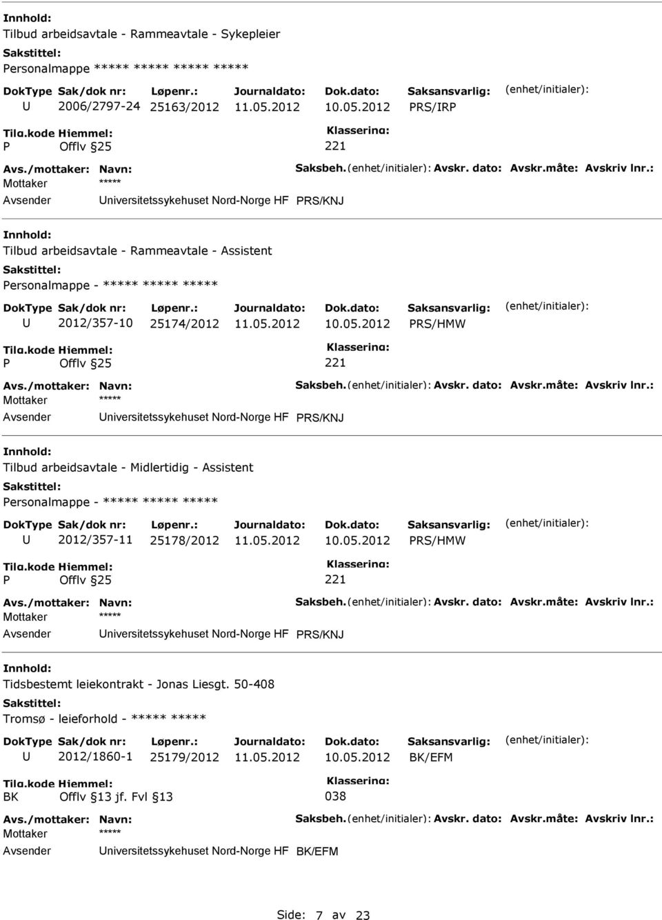 dato: Avskr.måte: Avskriv lnr.: niversitetssykehuset Nord-Norge HF RS/KNJ Tilbud arbeidsavtale - Midlertidig - Assistent ersonalmappe - ***** ***** ***** 2012/357-11 25178/2012 RS/HMW Avs.