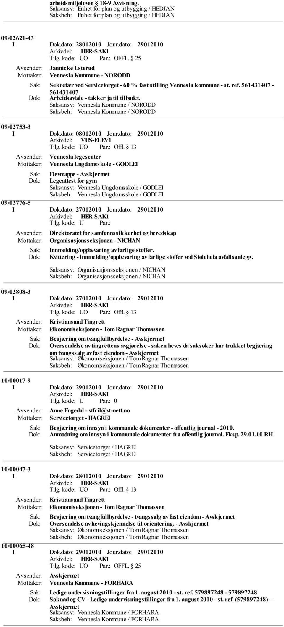 Saksansv: Vennesla Kommune / NORODD Saksbeh: Vennesla Kommune / NORODD 09/02753-3 I Dok.dato: 08012010 Jour.