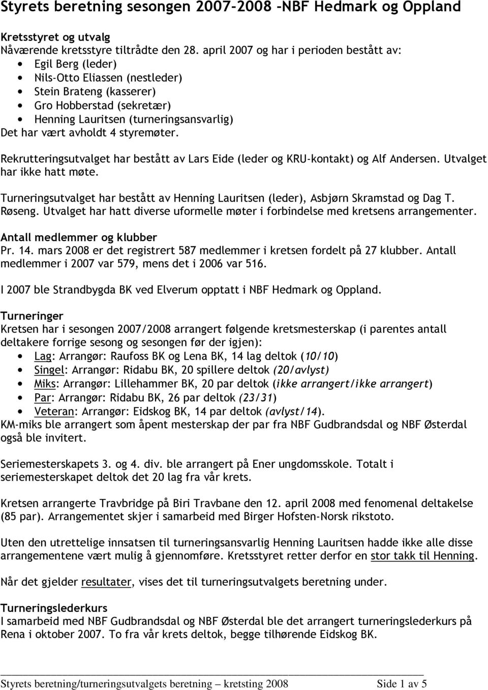 avholdt 4 styremøter. Rekrutteringsutvalget har bestått av Lars Eide (leder og KRU-kontakt) og Alf Andersen. Utvalget har ikke hatt møte.