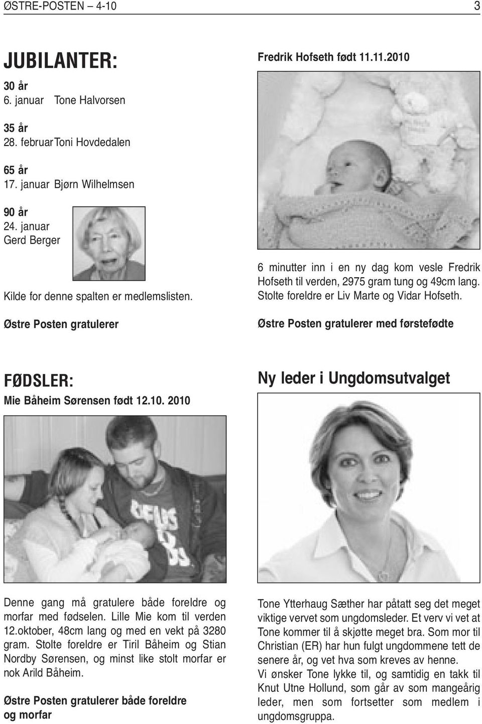 Stolte foreldre er Liv Marte og Vidar Hofseth. Østre Posten gratulerer med førstefødte FØDSLER: Mie Båheim Sørensen født 12.10.