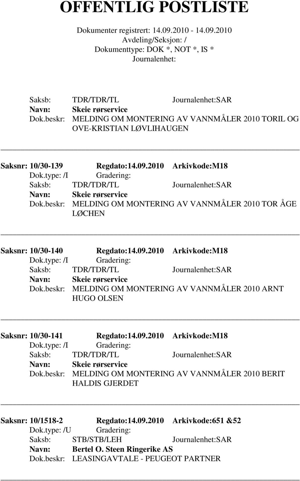 2010 Arkivkode:M18 Skeie rørservice Dok.beskr: MELDING OM MONTERING AV VANNMÅLER 2010 ARNT HUGO OLSEN Saksnr: 10/30-141 Regdato:14.09.